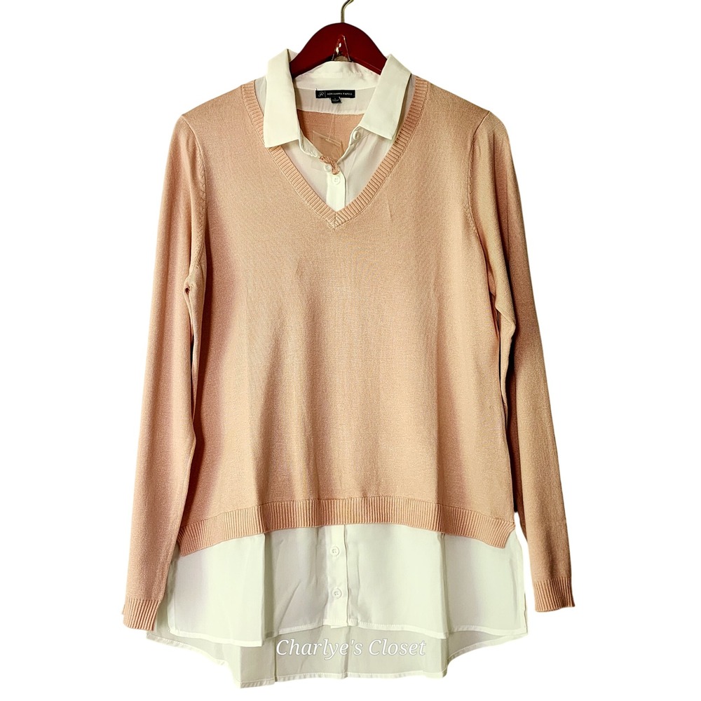 Adrianna Papell Sweater Blouse Combo L NWOT Beige Lightweight Preppy Office